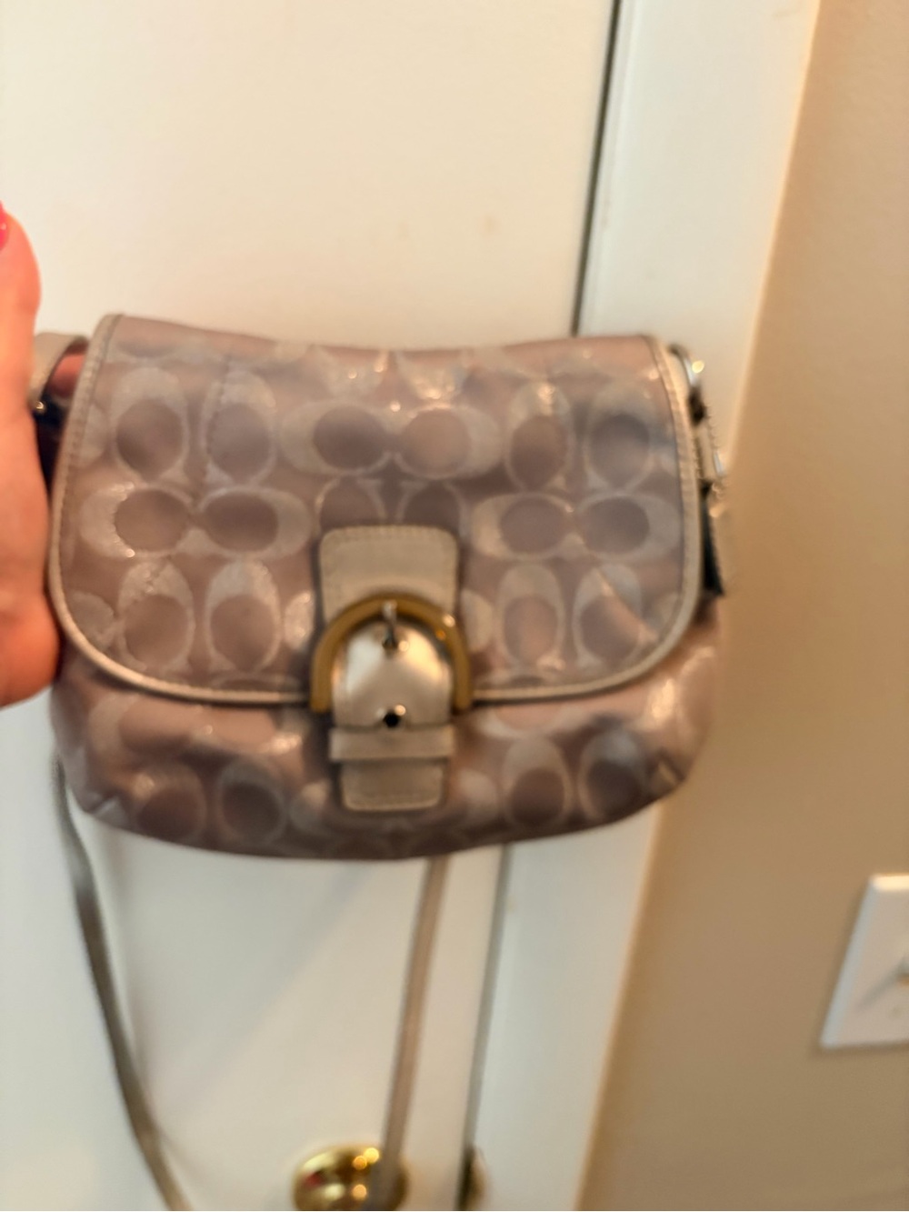 Vintage COACH Soho Signature Crossbody Bag Silver Gray Metallic Y2K Flap Buckle